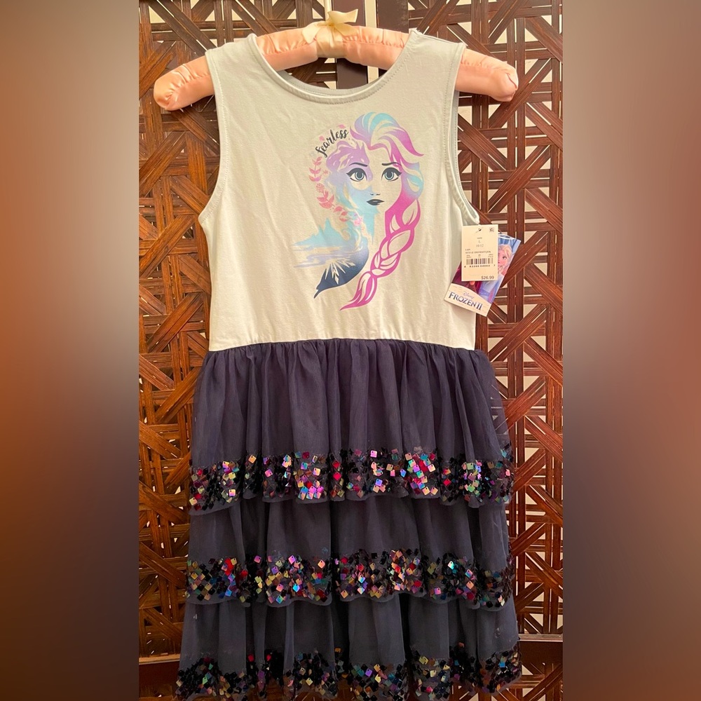 Frozen II Elsa Tank Dress with Tulle Ruffles and Sequins, Disney, NWT L 10/12